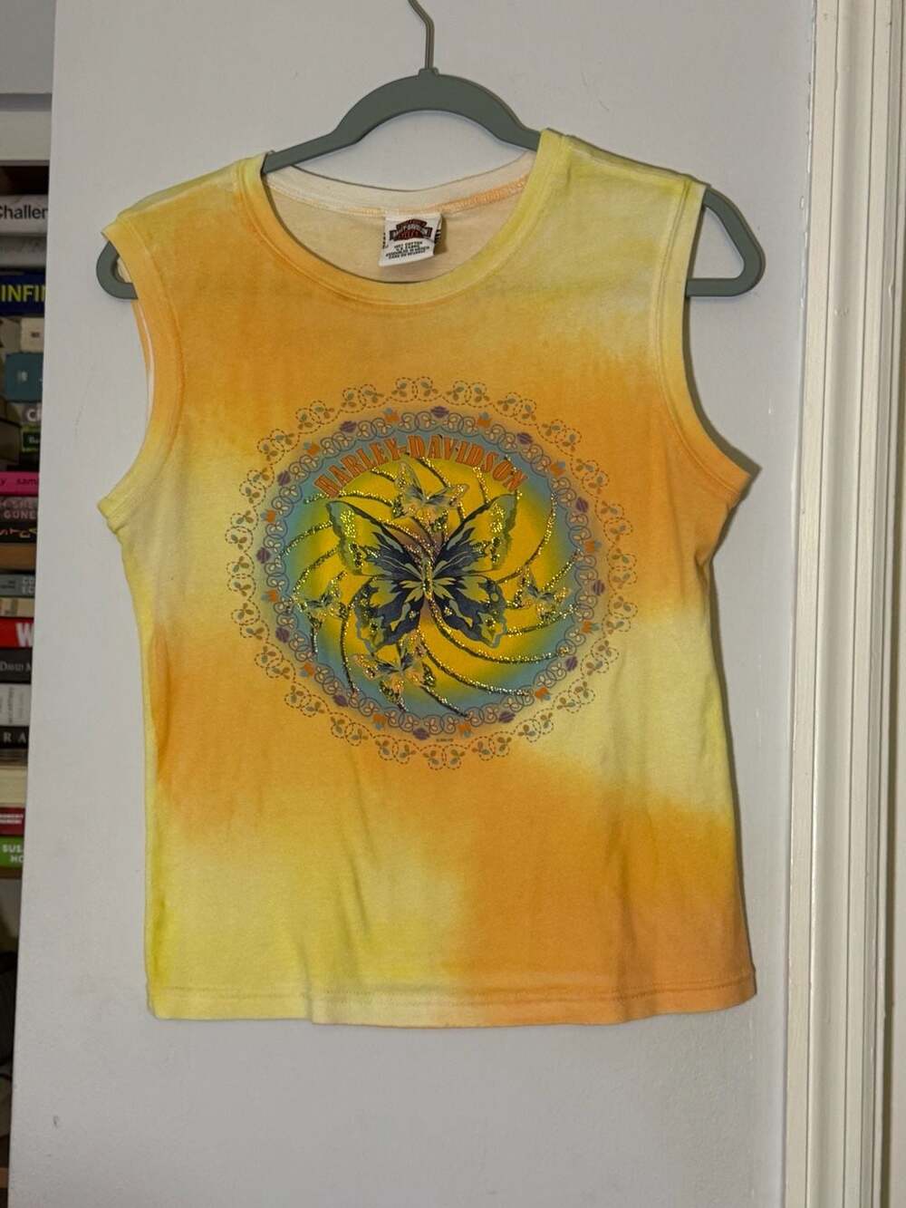 Harley-Davidson Tank Top Size M Yellow Orange Butterfly Rhinestone